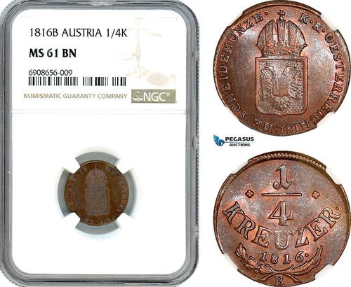 AK196, Austria, Franz II, 1/4 Kreuzer 1816 B, Kremnitz Mint, NGC MS61BN