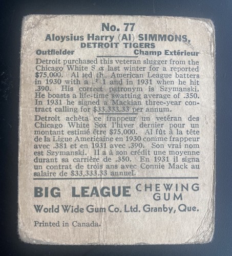 1936 World Wide Gum #77 Al Simmons Canadian Goudey V355 (Poor) - Picture 2 of 2