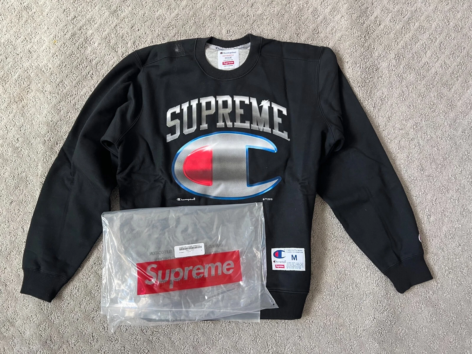 Sweat shirt noir Supreme Champion chrome crewneck taille M SS19W10