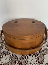 Antique Wooden Firkin Sewing Bucket Banded Wood Handle 6-1/4" Tall