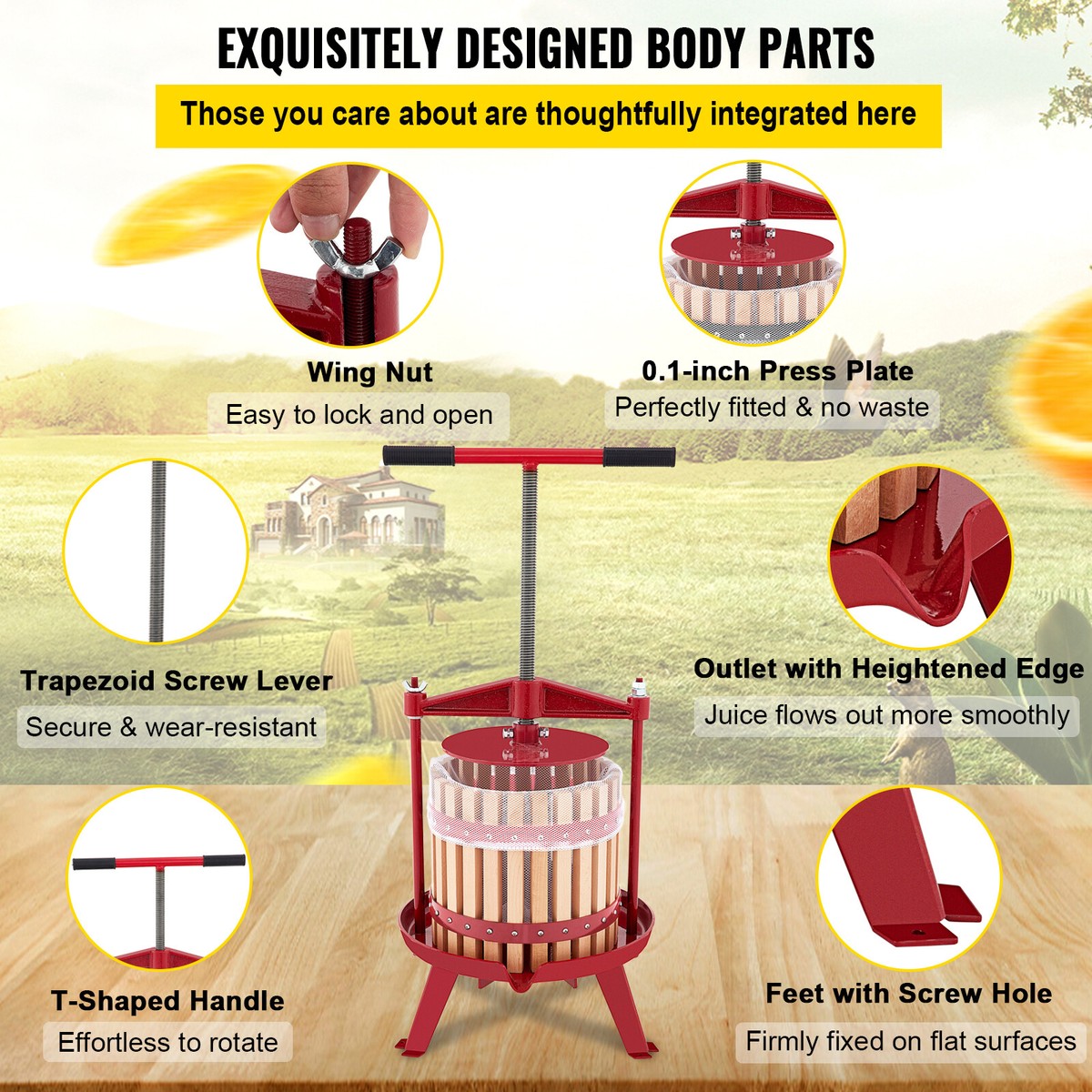 Citrus Squeezer Gal Manual Fruit Wine Press, Wood Steel Fruit