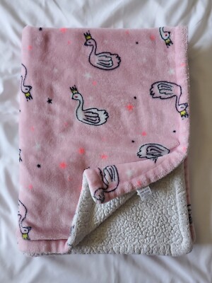 Okie Dokie Pink Swan Baby Blanket White Black Stars Crown Queen Plush Velour