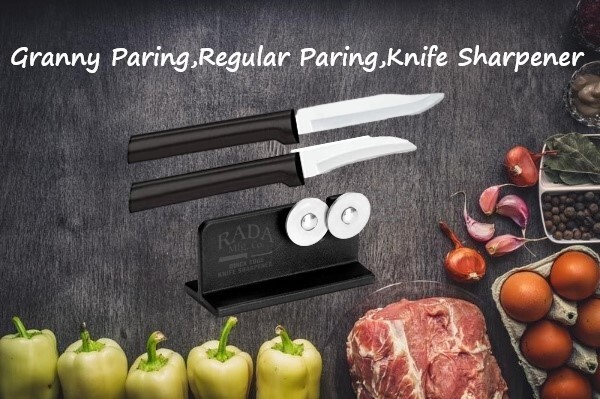 Rada 3 pc Set Granny Paring, Regular Paring & Knife Sharpener (Black Handle)