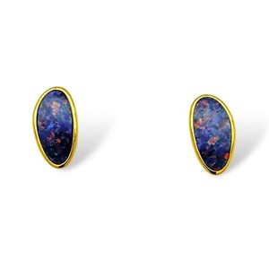 Authentic Gold Plated Sterling Silver Doublet Freeform Opal Bezel Set Stud Earrings 1.8g