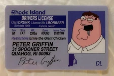 Peter Griffin Family Guy Rhode Island Drivers License Novelty ID Animated Stewie
