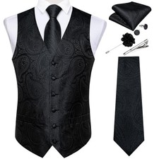 Mens Vest and Tie Set Formal Paisley Waistcoat and X-Large Black Paisley02