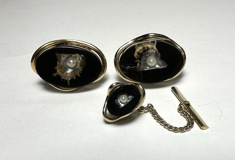 Swank Pearl on Shell Lucite Cufflinks & Tie Tac, Late 1950s-1960s