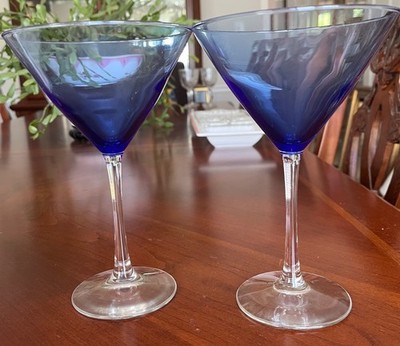 2 Vtg Cobalt Blue Large Martini 12 oz Glasses Clear Stem Cocktail Cosmopolitan!