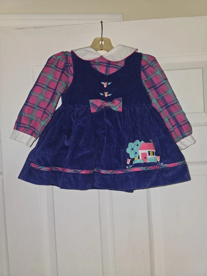 Vestido tipo jersey de pana vintage para niñas pequeñas talla 2T bordado a cuadros 2 piezas Foto 2 de 4