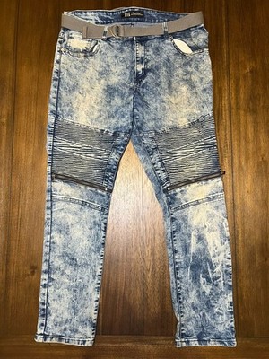 Rok Handcrafted Denim Moto Zipper Jeans Acid Wash Blue 38 X 32