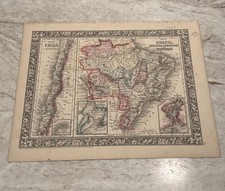 Antique c. 1860 Chili Brazil Bolivia Paraguay Uruguay Mitchell Map 15.25x12.5”