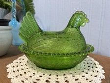 Vintage Indiana Glass Lime EMERALD Green Hen on Nest Covered Candy Dish 7 Inch