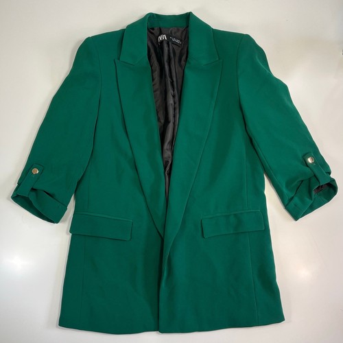 Zara Emerald Green Women's Open Front Blazer Size Small 3/4 Sleeves Rolled Cuff - Imagen 3 de 12