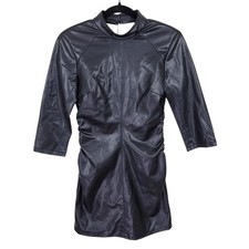 Zara Faux Vegan Leather Dress S Small Black Backless Round Neck Ruching New