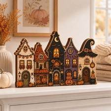 Halloween Wooden Block Village Spooky Ghost Pumpkin House Table Shelf Decor