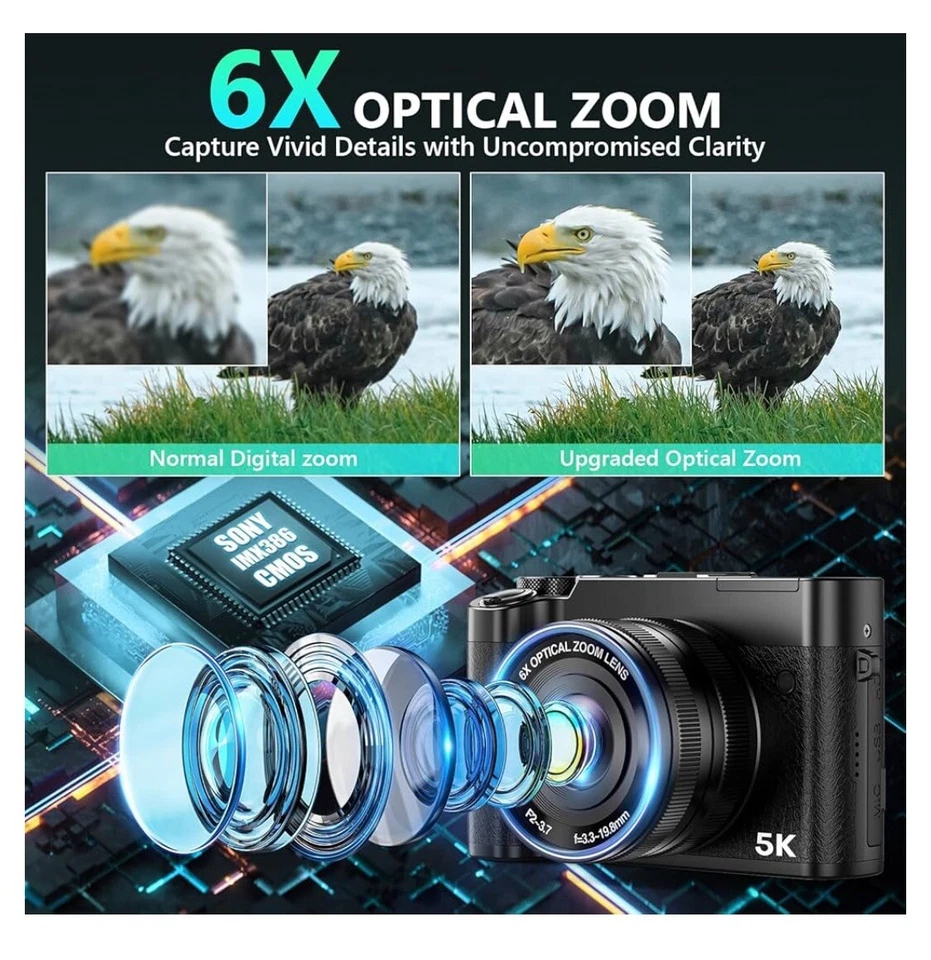 Cámara digital 5K, cámaras de 64 MP para fotografía con zoom óptico 6X y enfoque automático Foto 2 de 4