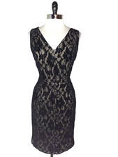 LAUREN RALPH LAUREN Size 10 Sheath Dress Black Floral Velvet Lace Beige Lining