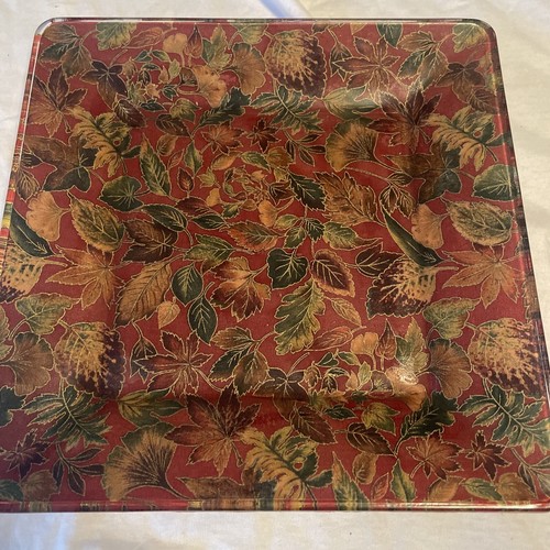 Vintage Art Deco 10” Plate , Glass Leaf Pattern Square Multicolored Fall Colors