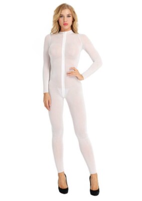 Womens Sheer White Long Sleeve Bodysuit Jumpsuit Catsuit Bodystocking Zipper=''
