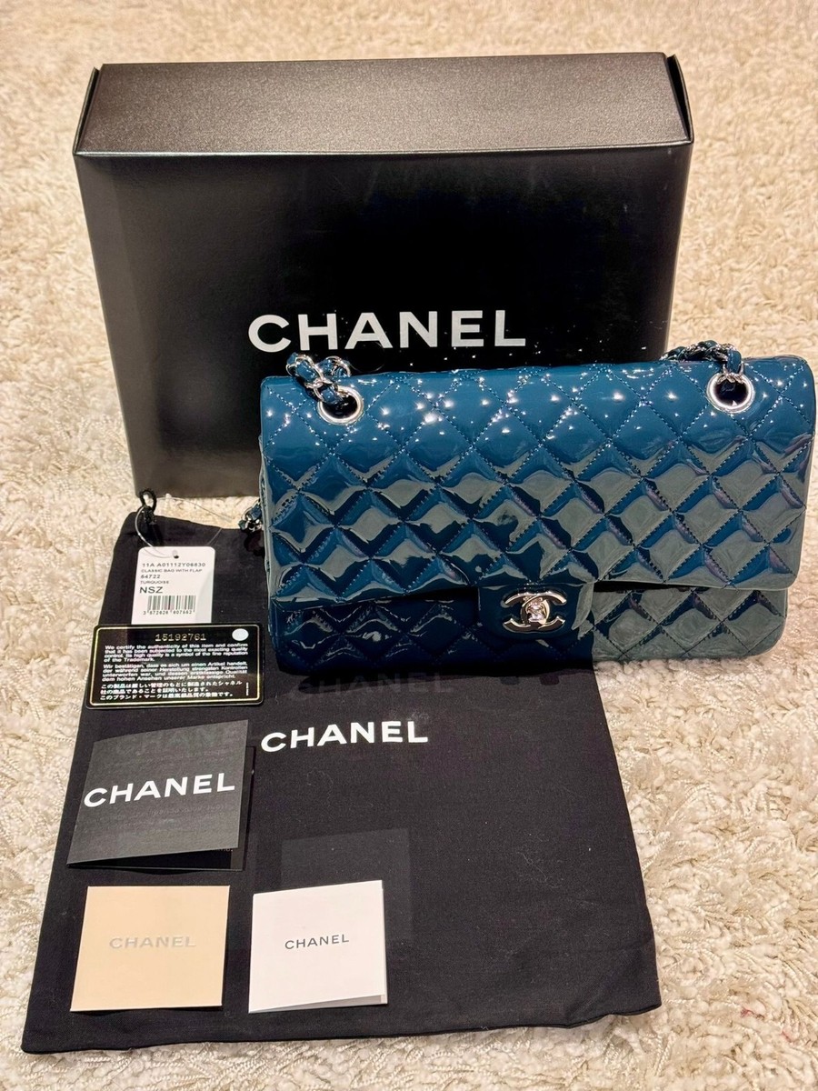 New Chanel Classic Flap Bag Medium Patent Turquoise Blue Silver