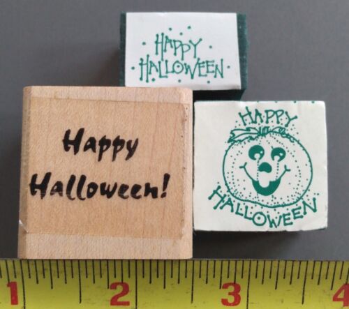 HAPPY HALLOWEEN! SET OF 3 STAMPS Wood & Foam/Rubber Fall greetings pumpkin - Picture 1 of 5