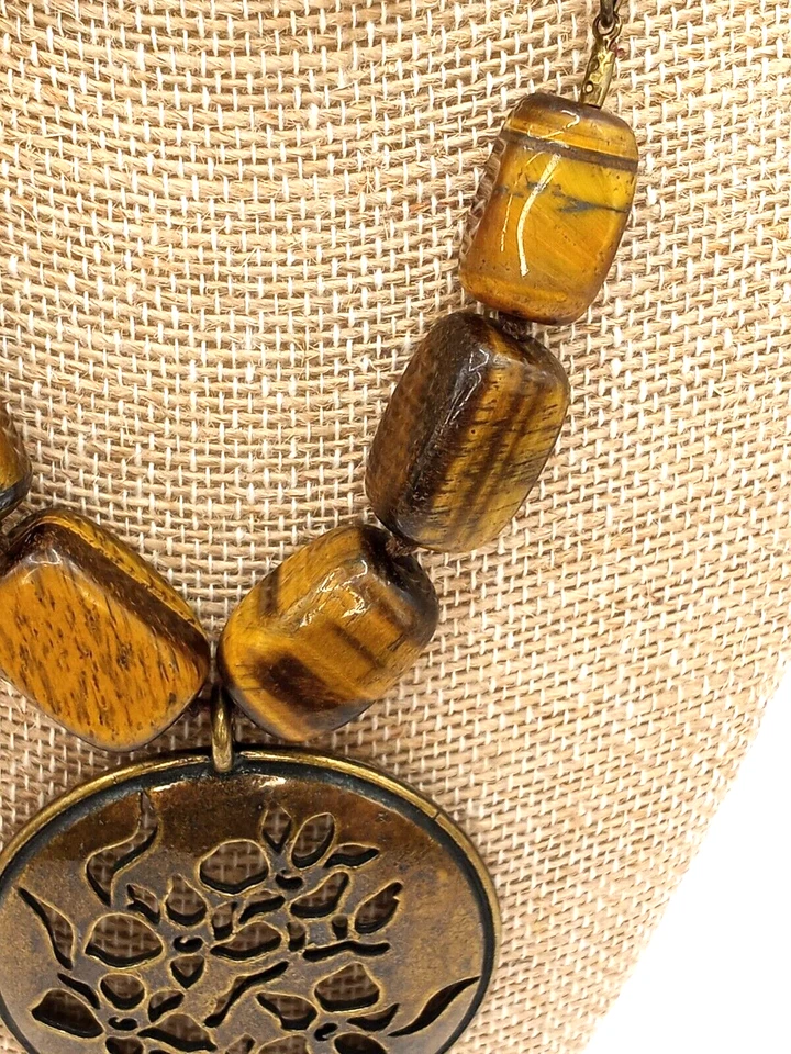 复古雅芳/SP老虎眼项链和耳环带镂空花卉吊坠 — 第 4/4 张图片