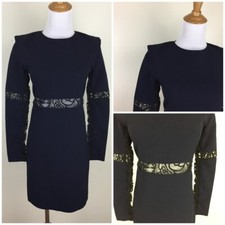 MAJE Women sz 1 Dark Blue Black Sheer Lace Insert Shoulder Detail Zip Back Dress