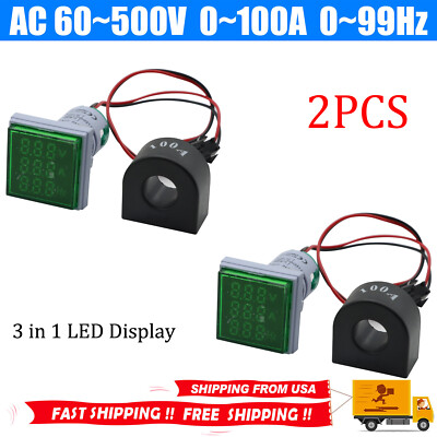 2X AC 60-500V 0-100A 22mm 3 in 1 Voltmeter Ammeter LED Digital Volt/AMP Meter