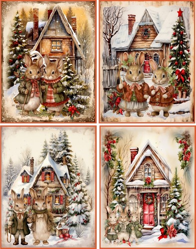 HOLIDAY CHRISTMAS BUNNY RABBIT VILLAGE WATERCOLOR 8 BLANK CARD RED ENVELOPE - Picture 2 of 3