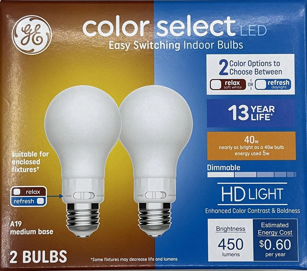 GE Color Select LED Light Bulbs 40 Watt 2 Pk Soft White or Daylight A19