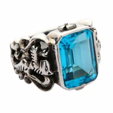 925 Sterling Silver Blue Topaz Scottish Lion Rampant Mens Ring Biker Celtic Goth