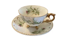 VTG Japan Footed, Porcelain China Floral Tea Cup & Saucer Set W/Gold Trim