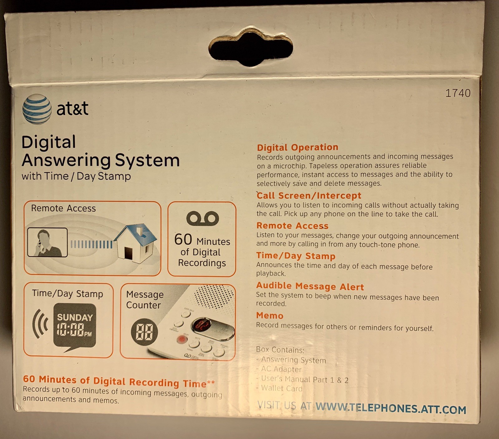 AT&T 1740 Digital Answering Machine System 60 Min Remote Access Telephone  White | eBay