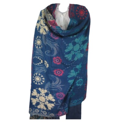 Yak + Sheep Wool | Shawl/Throw| Handloomed| Reversal| Flora| Base Color: Blue