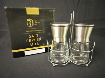 Stainless Steel Salt & Pepper Grinder Set w/ Stand NIB - Royal Collection Tools