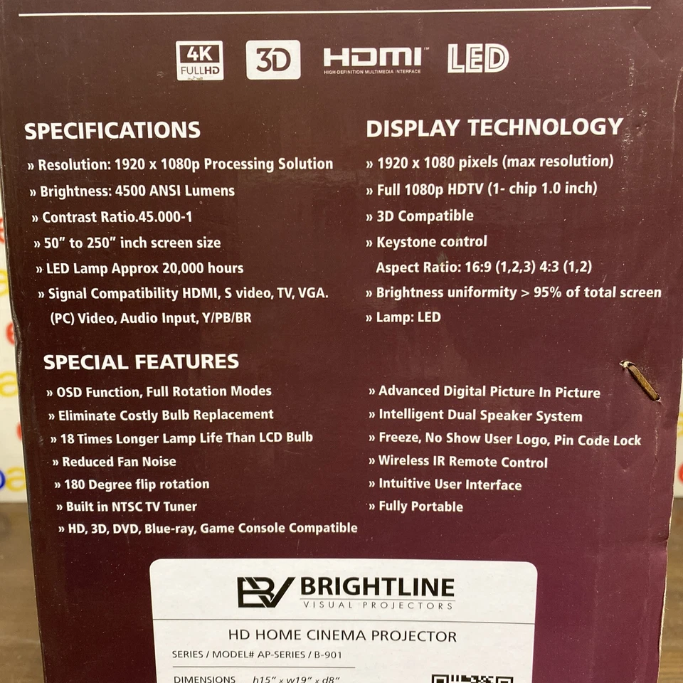 BRIGHTLINE VISUAL PROJECTORS B-901 LED, 3D, 4K, 1080p, 4500 Lumens, 50 to 250” - Image 4 of 4