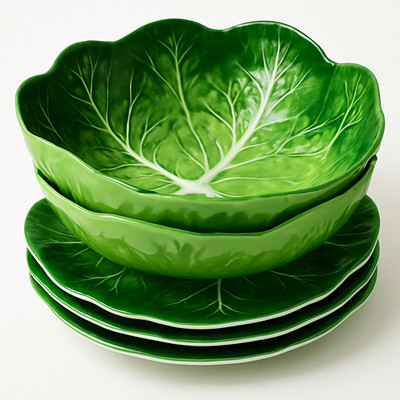 Primrose Vintage Cabbage Leaf Melamine Set   2 Bowls + 3 Plates Green Embossed