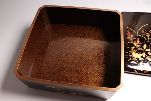 Japanese Lacquer Sweets Box 10.9inch Gold Moon&Geese Tea Ceremony Meiji Era 19th - Picture 16 of 24