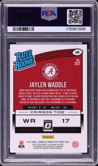 Jaylen Waddle PSA 10: 2021 Panini Chronicles Draft Donruss Optic Rookie POP 6 - Image 2 of 3