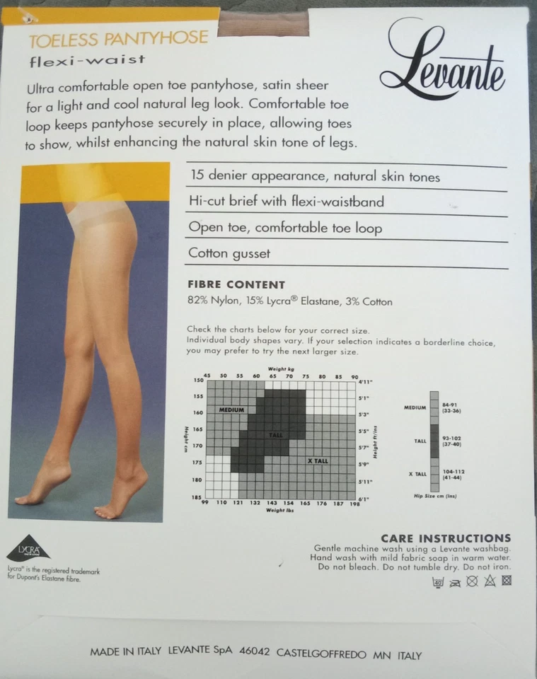 Pantimedias LEVANTE Italia X-Tall Toeless Flexi-Cintura Nylons Sughero M/Nat Nuevas con Etiquetas + Sello Foto 2 de 4