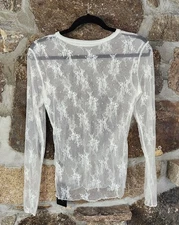 White Mesh Floral Long Sleeve Sheer Top Size M Mock Neck Y2K Coquette Fairy