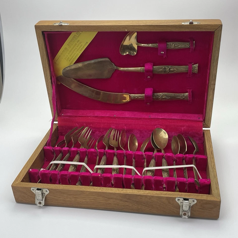 Vintage Messing-Besteck 24-tlg. Thailand Holzbox Antikkunstvoll Verziert RAR! - Bild 2 von 4