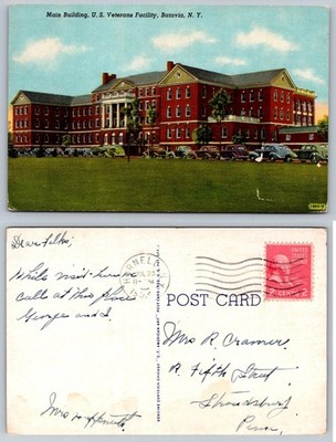 Batavia NY US Veterans Facility Main Bldg Vintage Cars 1953 Postcard