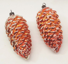 Lot of 2 Vintage Mercury Glass Gold Frosted Pine Cone Christmas Ornaments