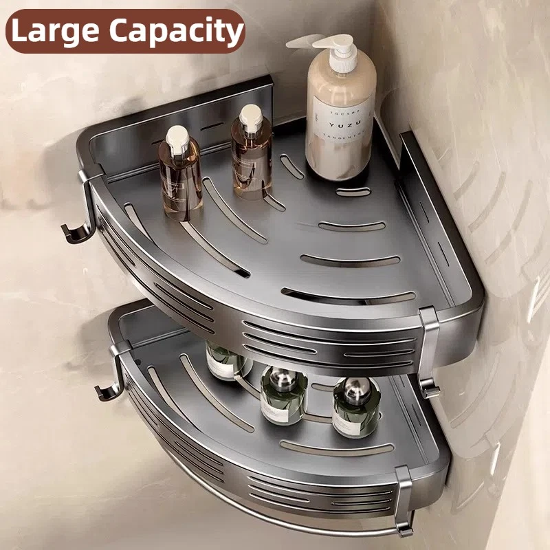 2-Tier Corner Shower Caddy Bathroom Organizer Storage Shelf No Drilling 8 Hooks - Image 4 of 4