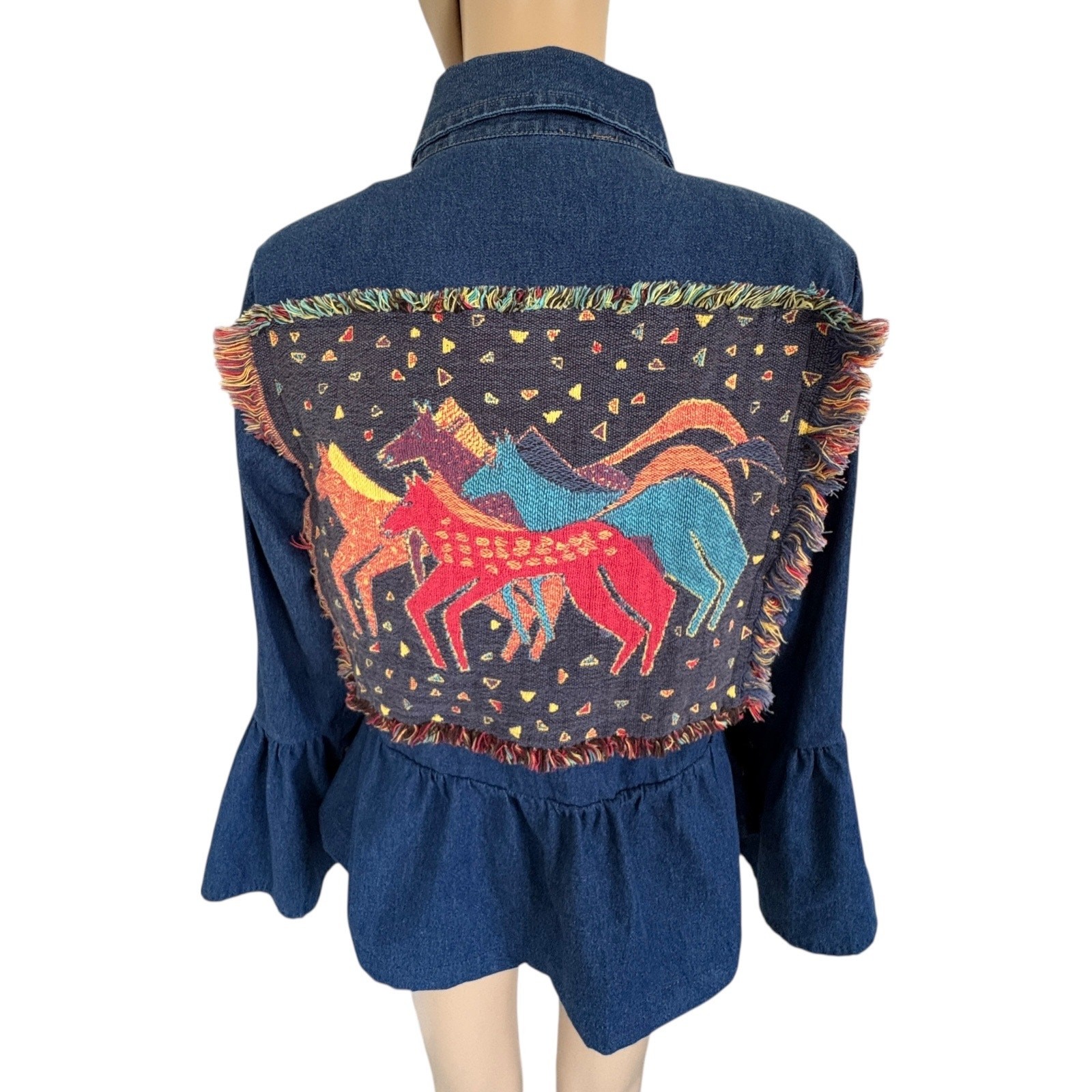 Upcycled Vintage Denim Jacket Boho Western Rodeo Horse Tapestry Lace Bell Sleeve