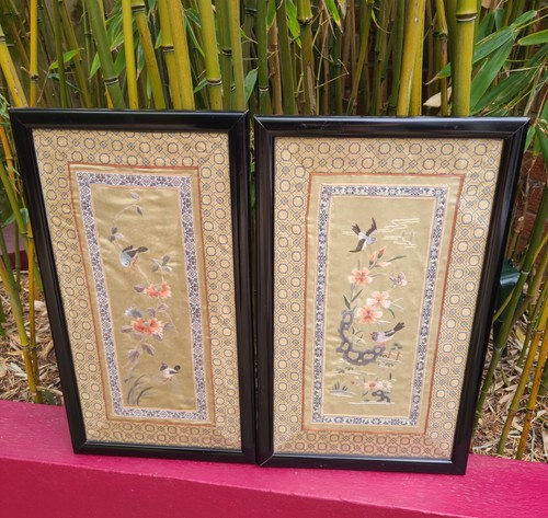 Pair Vintage Chinese Embroidered Silk Panels Chinoiserie Birds Butterfly Flowers - Picture 2 of 23