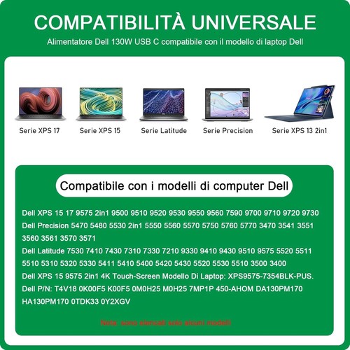 Alimentatore Dell 130W Caricatore USB C per Dell XPS 15 9575 2in1 9500 9510 9520 - Foto 4 di 7