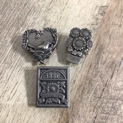 Lot De 3 Broches Vintage Birds & Blooms - Étain, Motifs Oiseaux Et Fleurs, Jardinage, Occasion