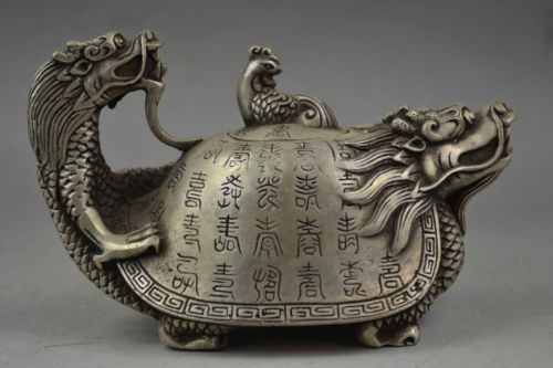 Vintage Old Handwork Tibet Silver Carved Dragon Phoenix Tortoise Tea Pot - Picture 2 of 5